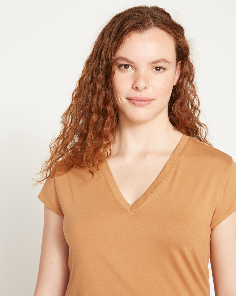 Ashley V Neck Cap Sleeve Tee - Caramel