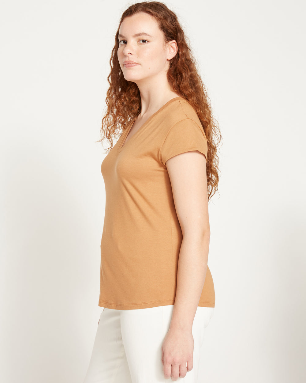 Ashley V Neck Cap Sleeve Tee - Caramel