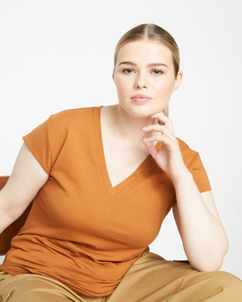 Ashley V Neck Cap Sleeve Tee - Caramel Cafe