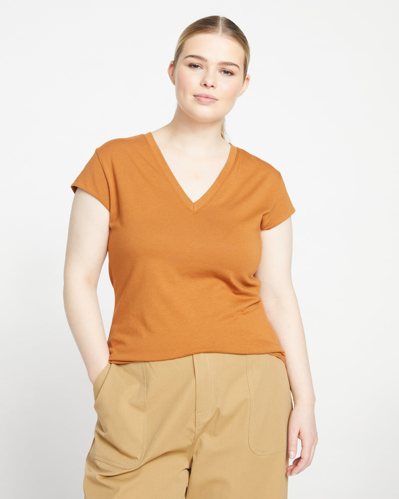 Ashley V Neck Cap Sleeve Tee - Caramel Cafe
