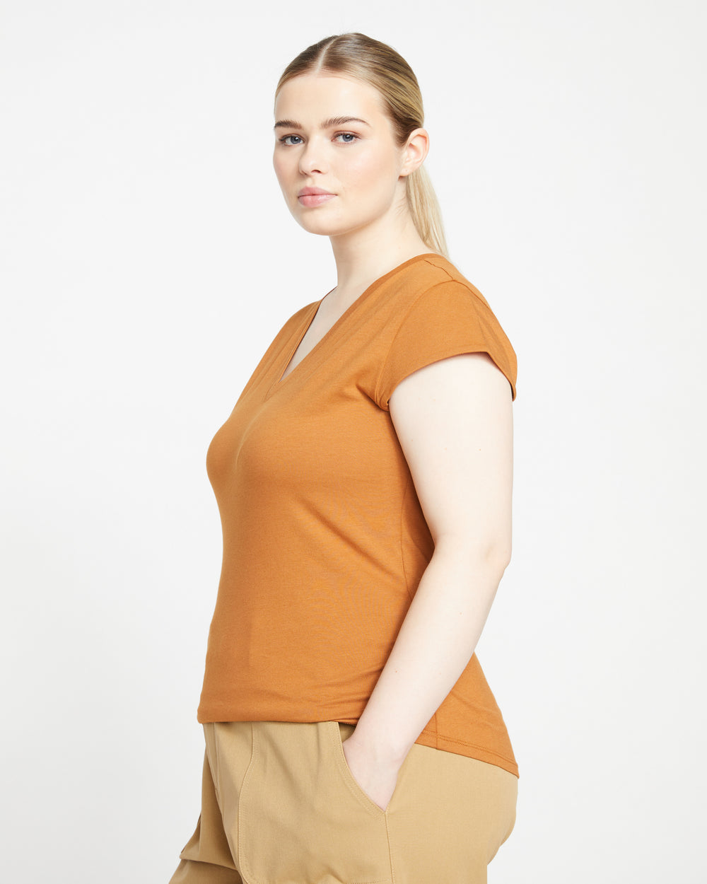 Ashley V Neck Cap Sleeve Tee - Caramel Cafe