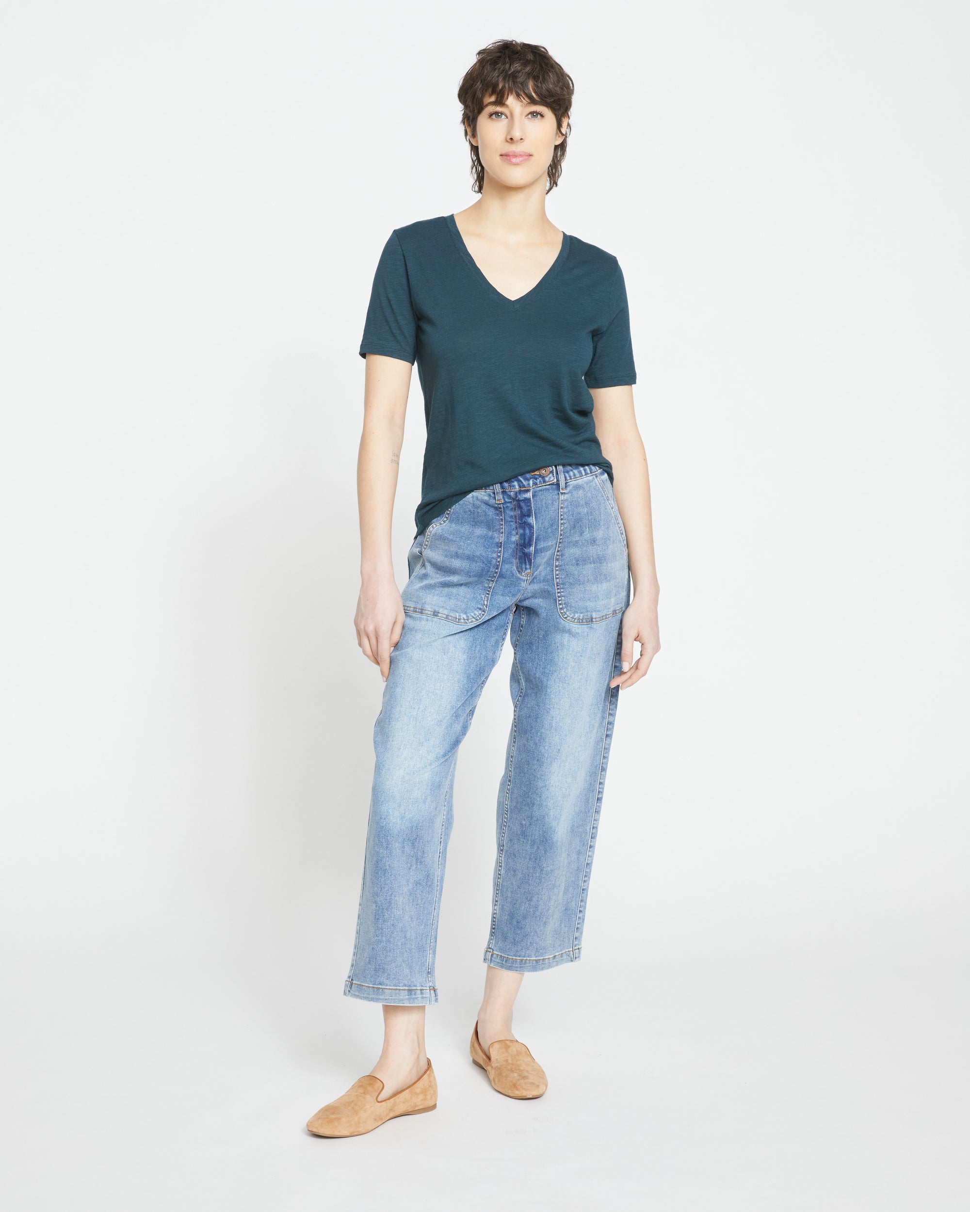 Woman wearing Light-As-Air V Rex - Deep Sea from Universal Standard