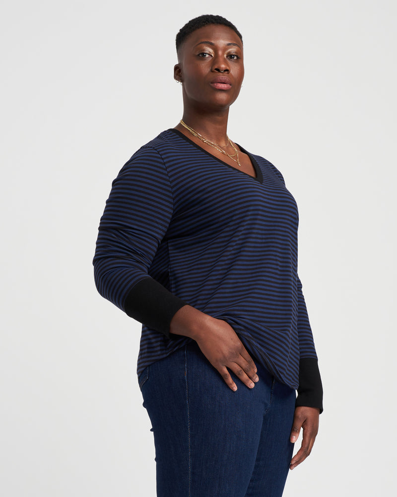 Rhine V Neck Color Block Cuff Top - Black/Blue Stripe