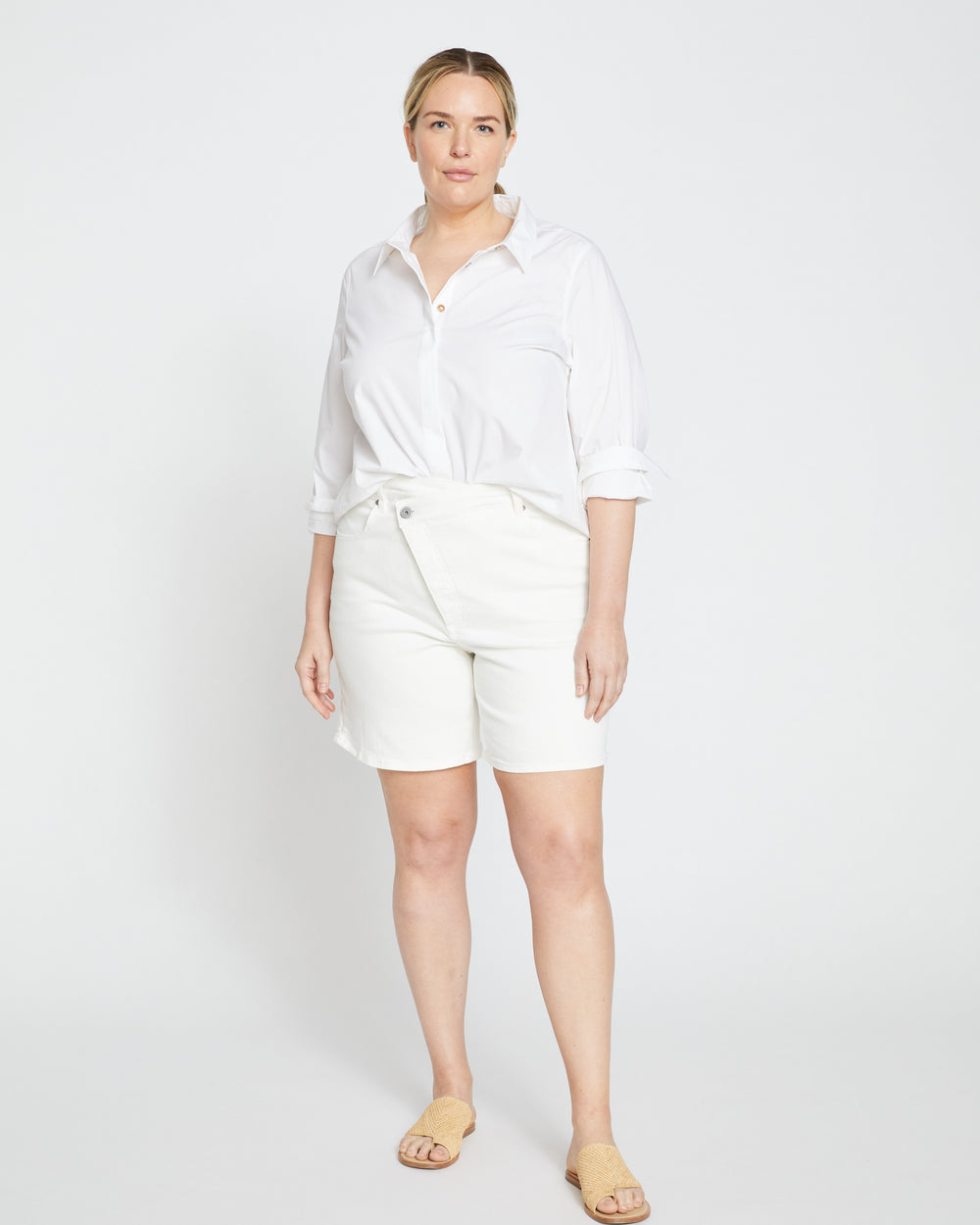 Katie High Rise Crossover Denim Shorts - White