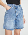 Katie High Rise Crossover Denim Shorts - Distressed Vintage Indigo Wash