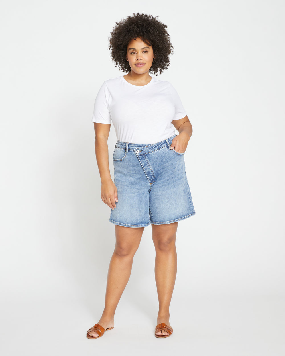 Katie High Rise Crossover Denim Shorts - Distressed Vintage Indigo Wash