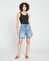 Katie High Rise Crossover Denim Shorts - Distressed Vintage Indigo Wash