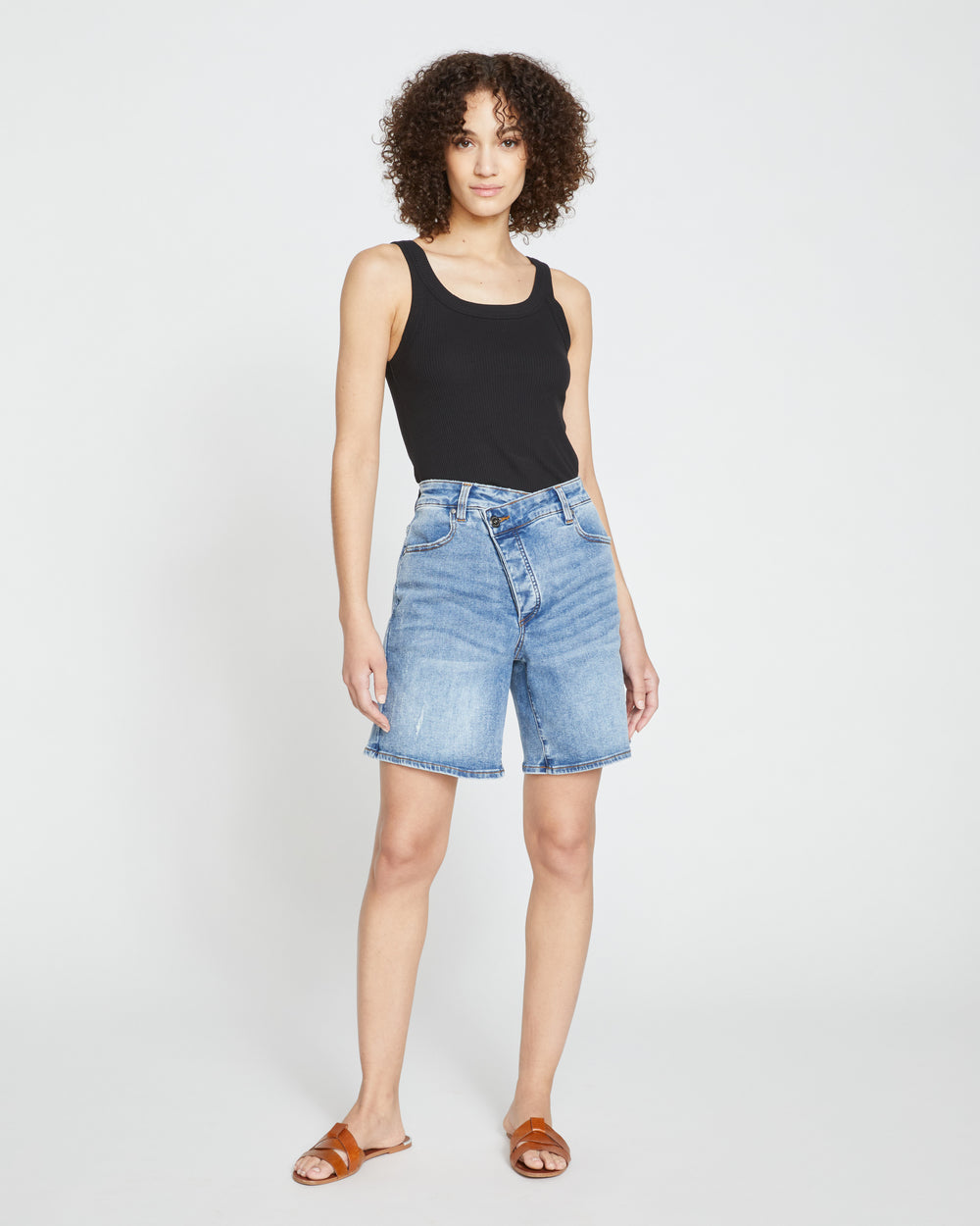 Katie High Rise Crossover Denim Shorts - Distressed Vintage Indigo Wash