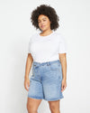 Katie High Rise Crossover Denim Shorts - Distressed Vintage Indigo Wash