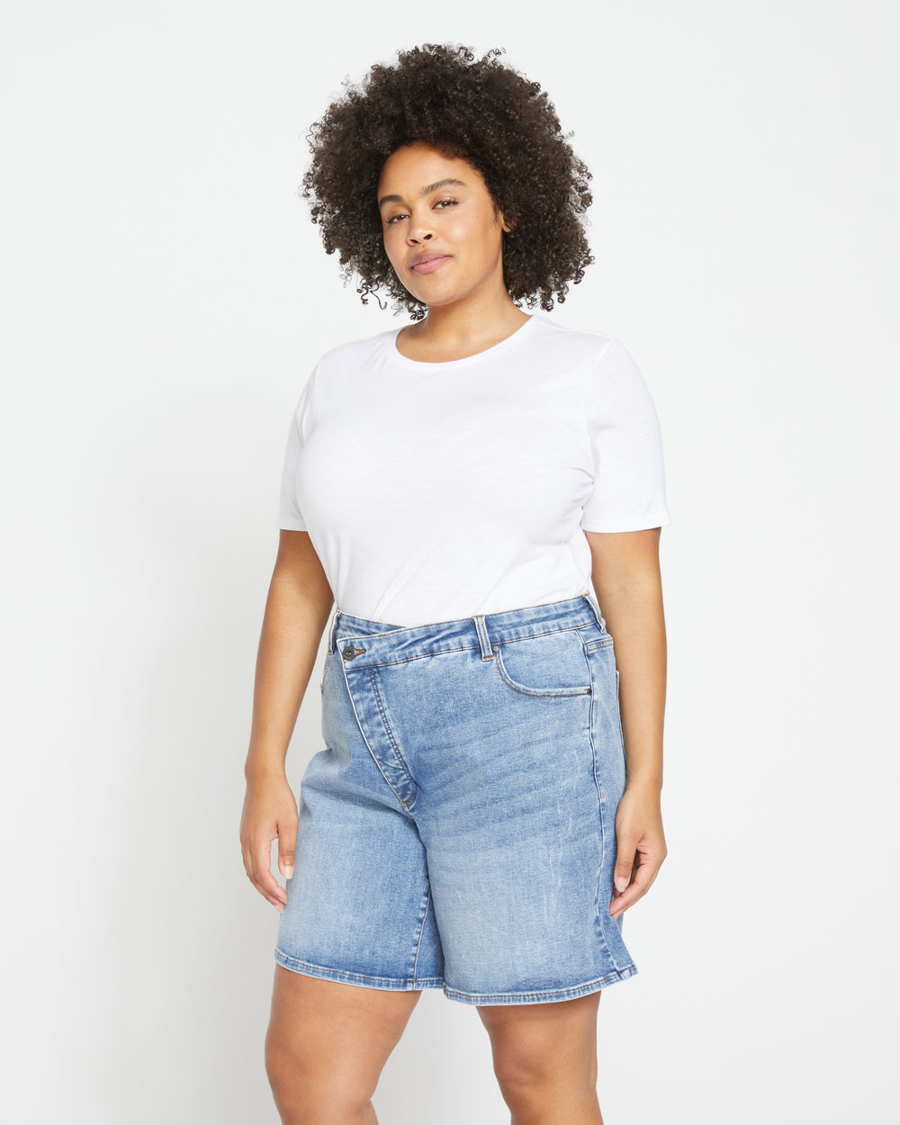 Katie High Rise Crossover Denim Shorts - Distressed Vintage Indigo Wash