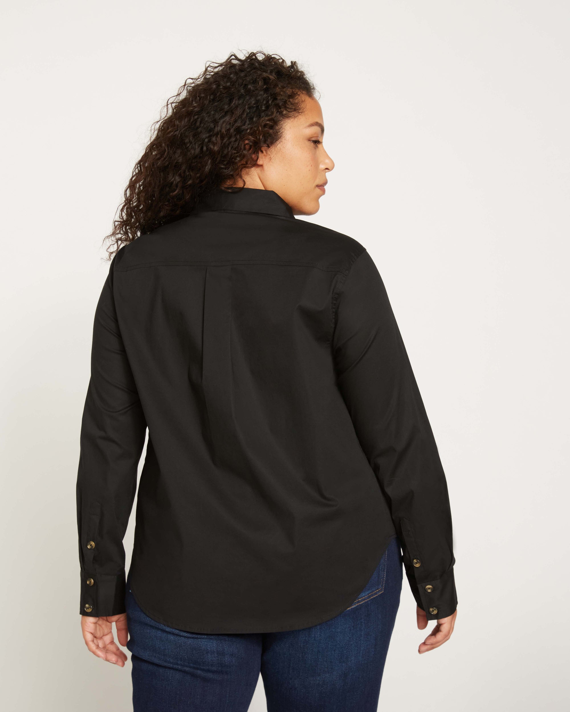 Woman wearing Elbe Stretch Poplin Shirt Classic Fit - Black from Overstock Sale