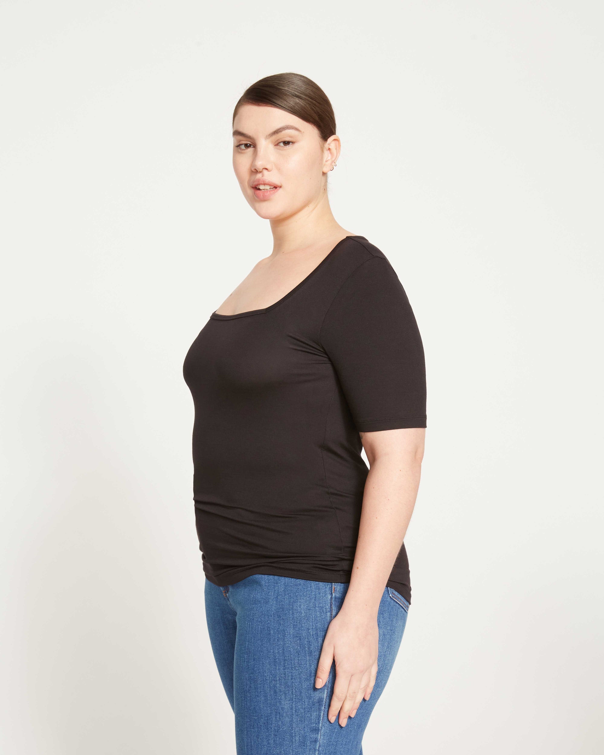 Cloud Rib Short Sleeve Square Neck Tee - Black | Plus Size & Straight Size Women's Fashion | Universal Standard