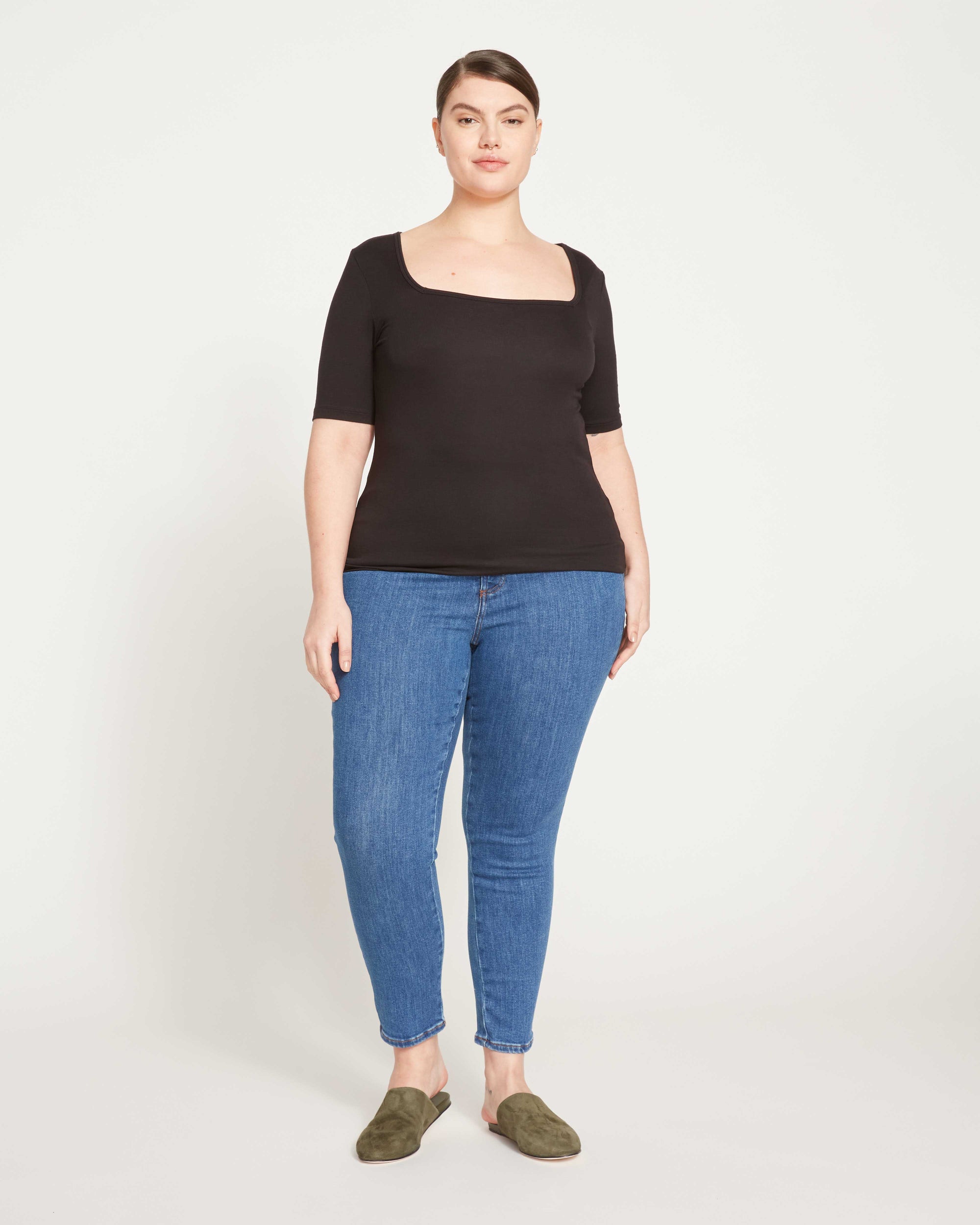 Cloud Rib Short Sleeve Square Neck Tee - Black | Plus Size & Straight Size Women's Fashion | Universal Standard