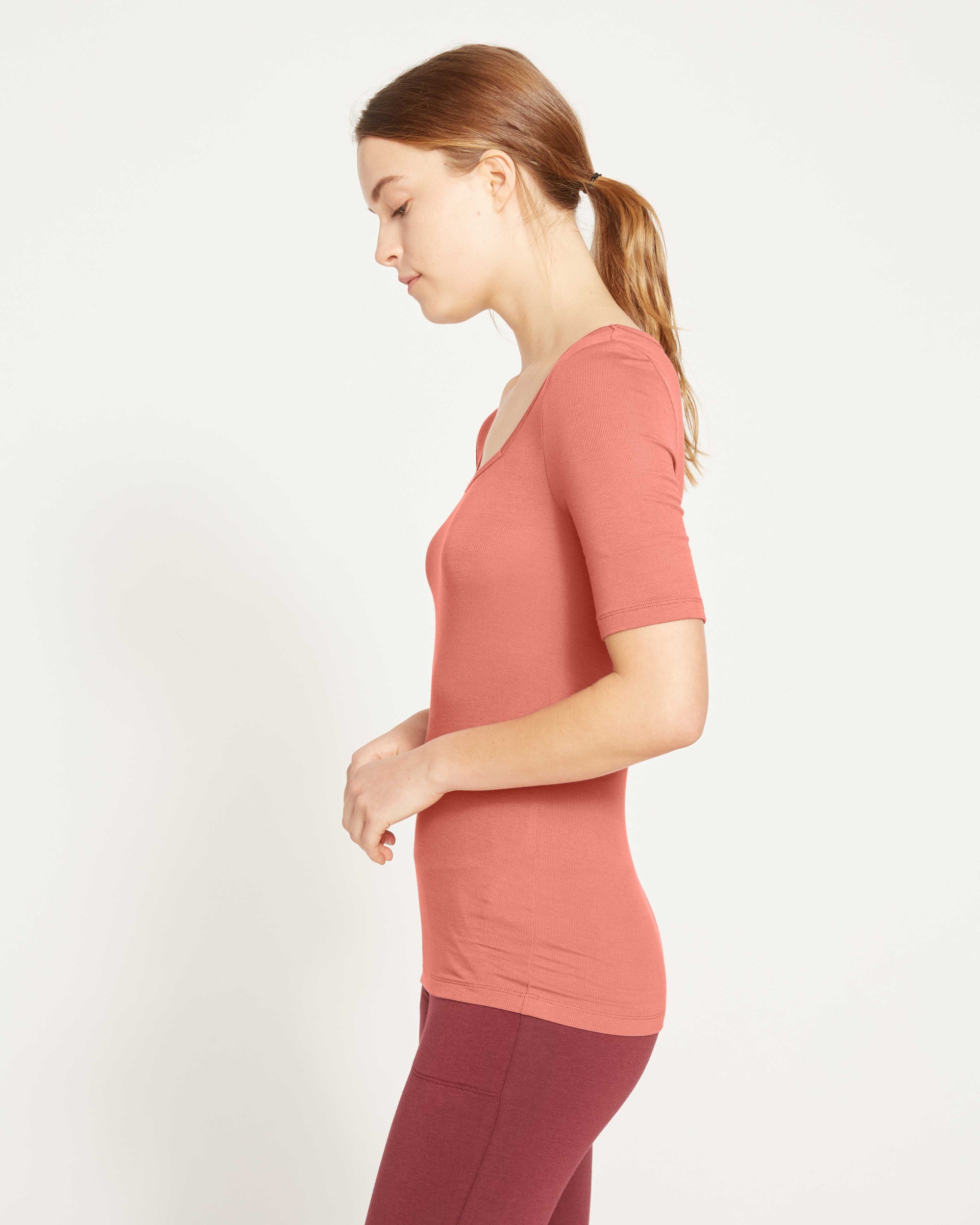 Cloud Rib Short Sleeve Square Neck Tee - Terracotta | Plus Size & Straight Size Women's Fashion | Universal Standard