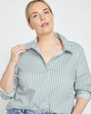 Woman wearing Elbe Stretch Poplin Shirt Classic Fit - Sage/White Stripe from Overstock Sale