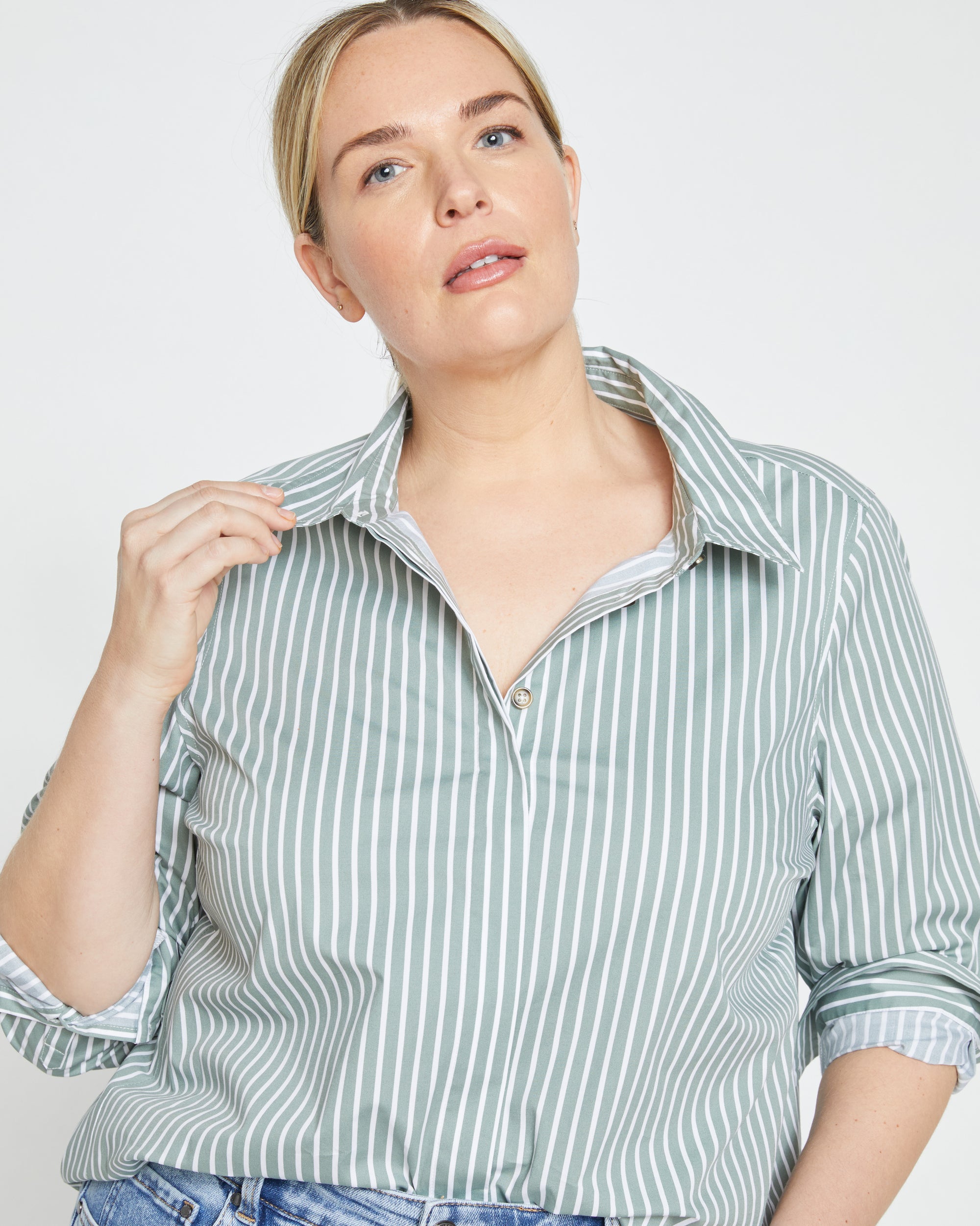 Woman wearing Elbe Stretch Poplin Shirt Classic Fit - Sage/White Stripe from Overstock Sale