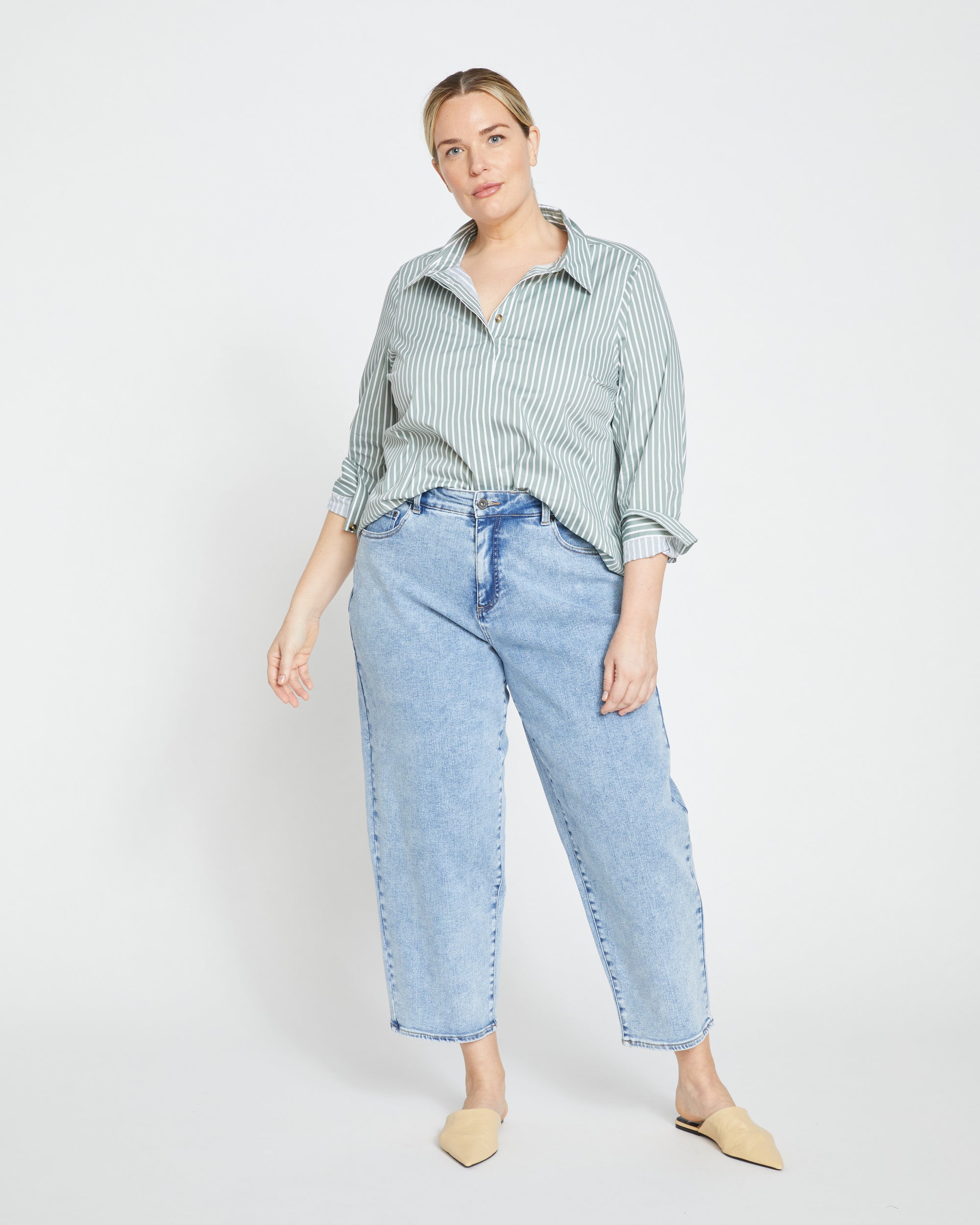 Woman wearing Elbe Stretch Poplin Shirt Classic Fit - Sage/White Stripe from Overstock Sale