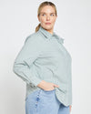 Woman wearing Elbe Stretch Poplin Shirt Classic Fit - Sage/White Stripe from Overstock Sale