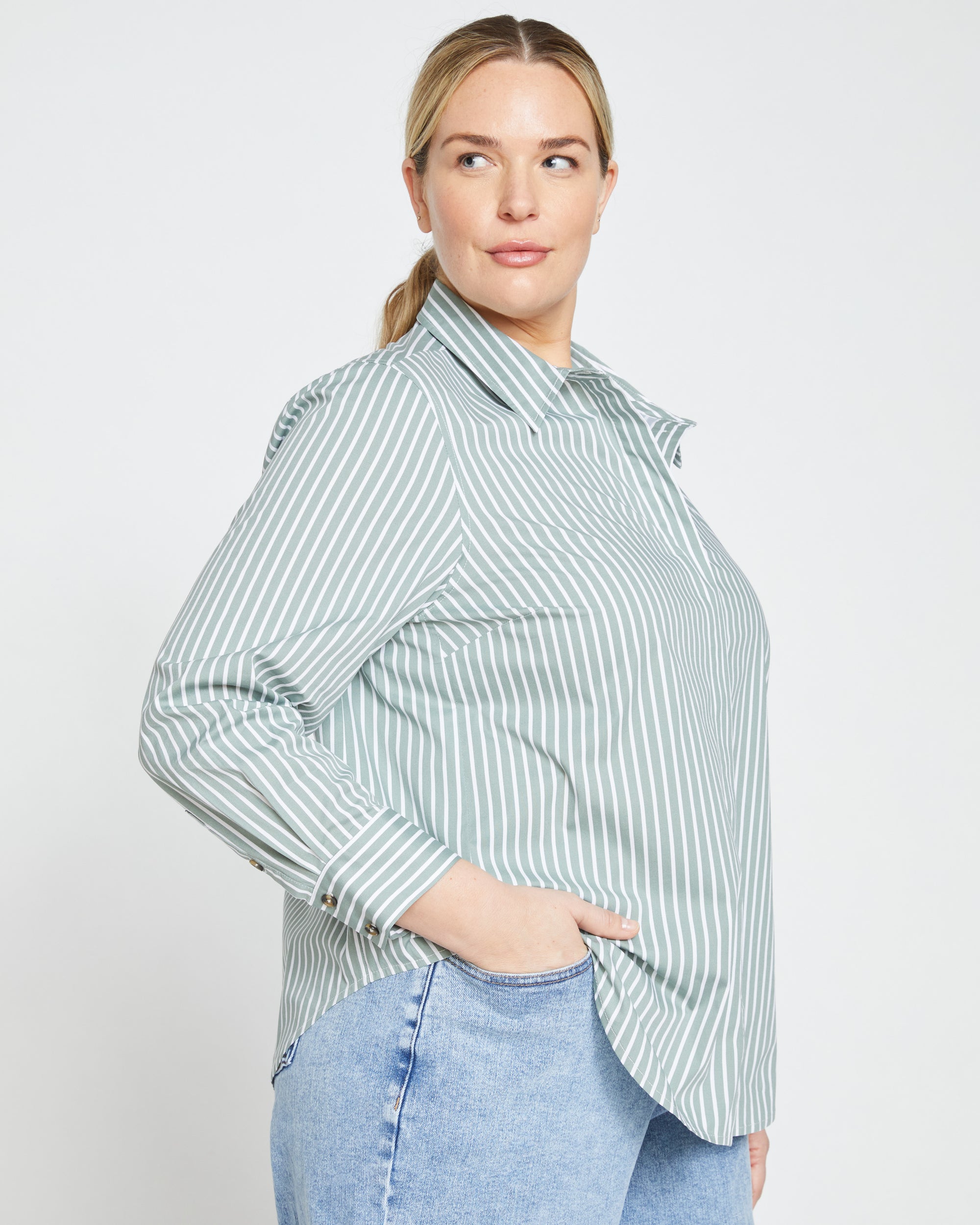 Woman wearing Elbe Stretch Poplin Shirt Classic Fit - Sage/White Stripe from Overstock Sale