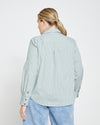 Woman wearing Elbe Stretch Poplin Shirt Classic Fit - Sage/White Stripe from Overstock Sale