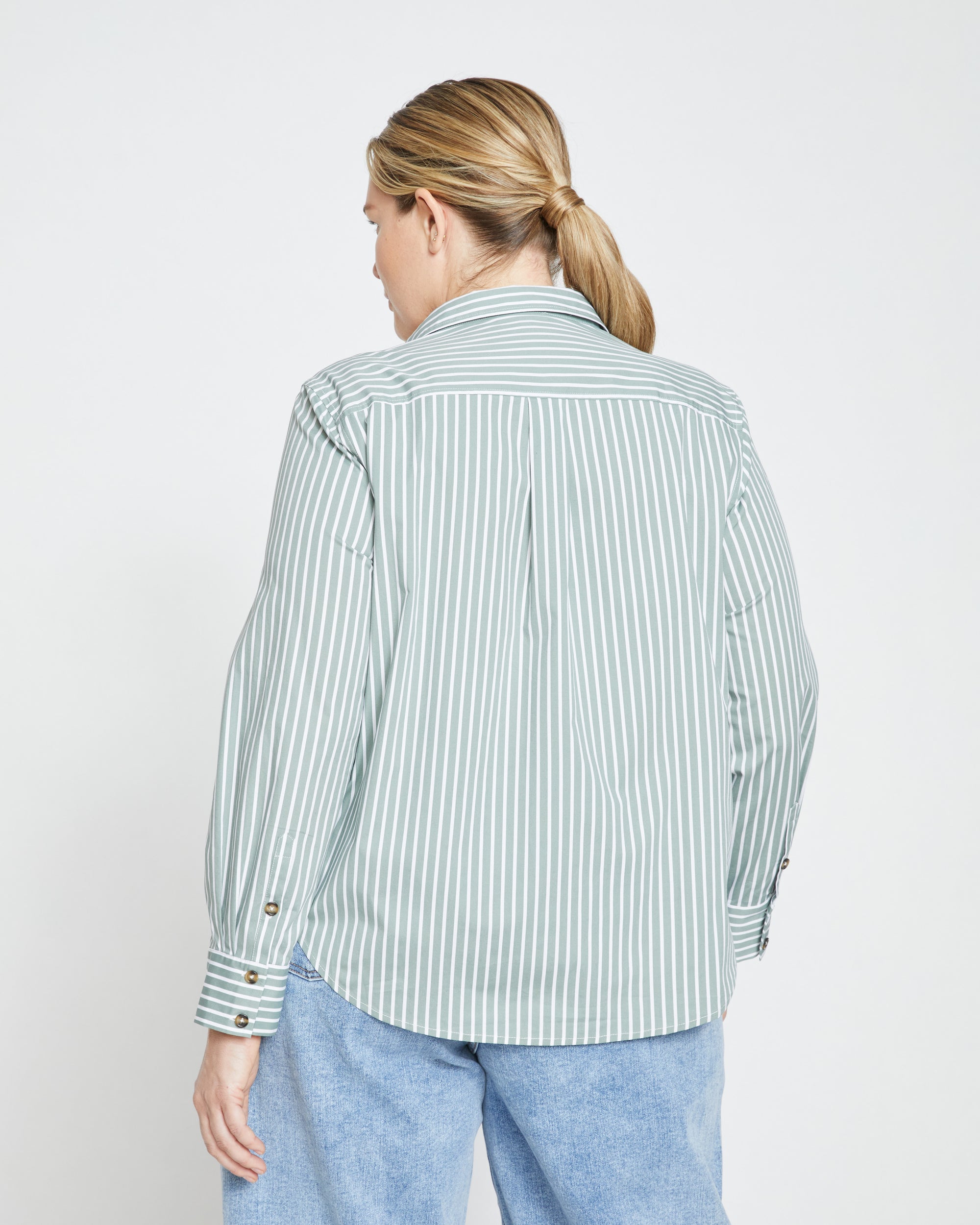 Woman wearing Elbe Stretch Poplin Shirt Classic Fit - Sage/White Stripe from Overstock Sale