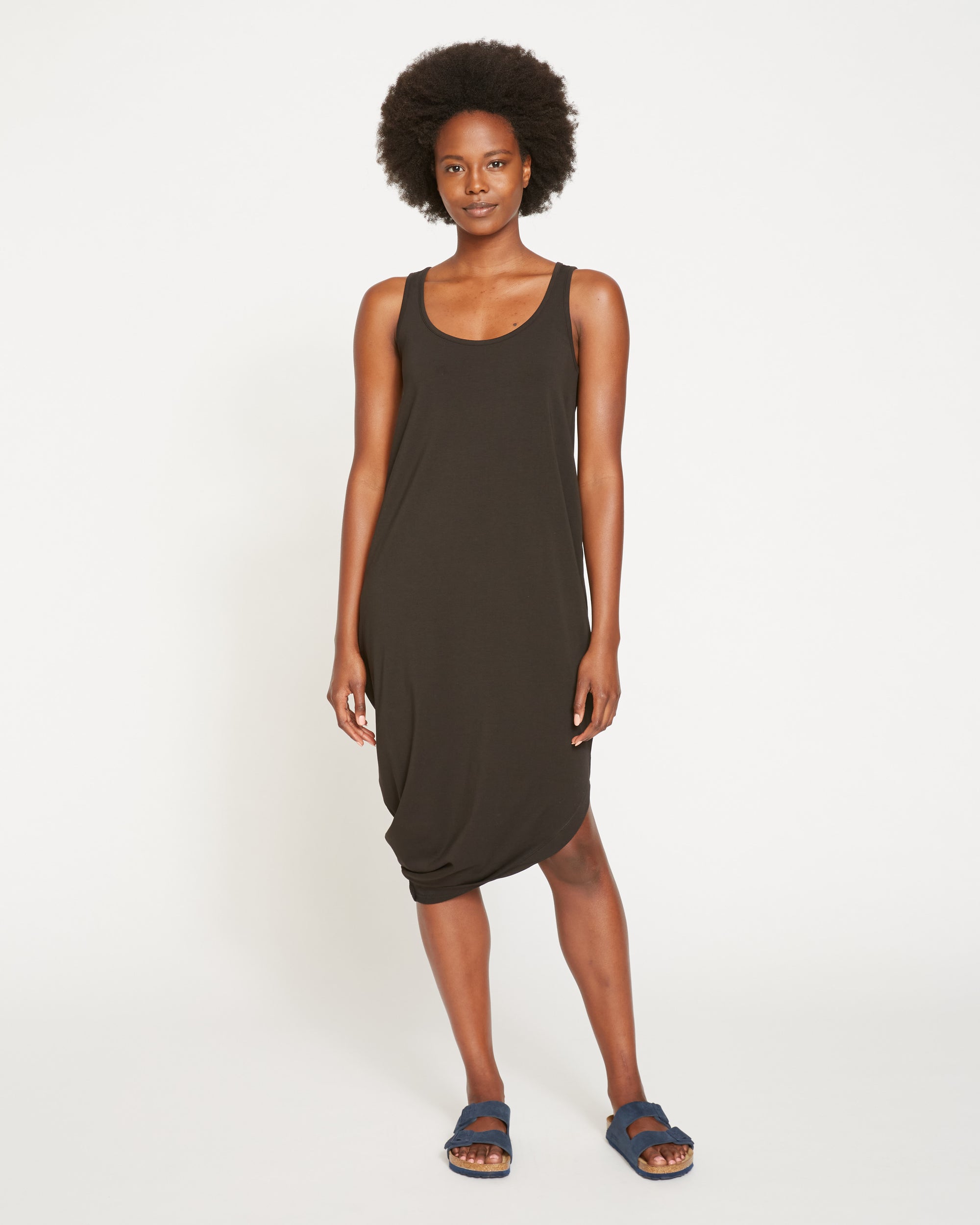 tank dress The Tunic with Built-in Bra Jet Black / 4/M then flares into a roomy White Printed Adjustable Tank Dress