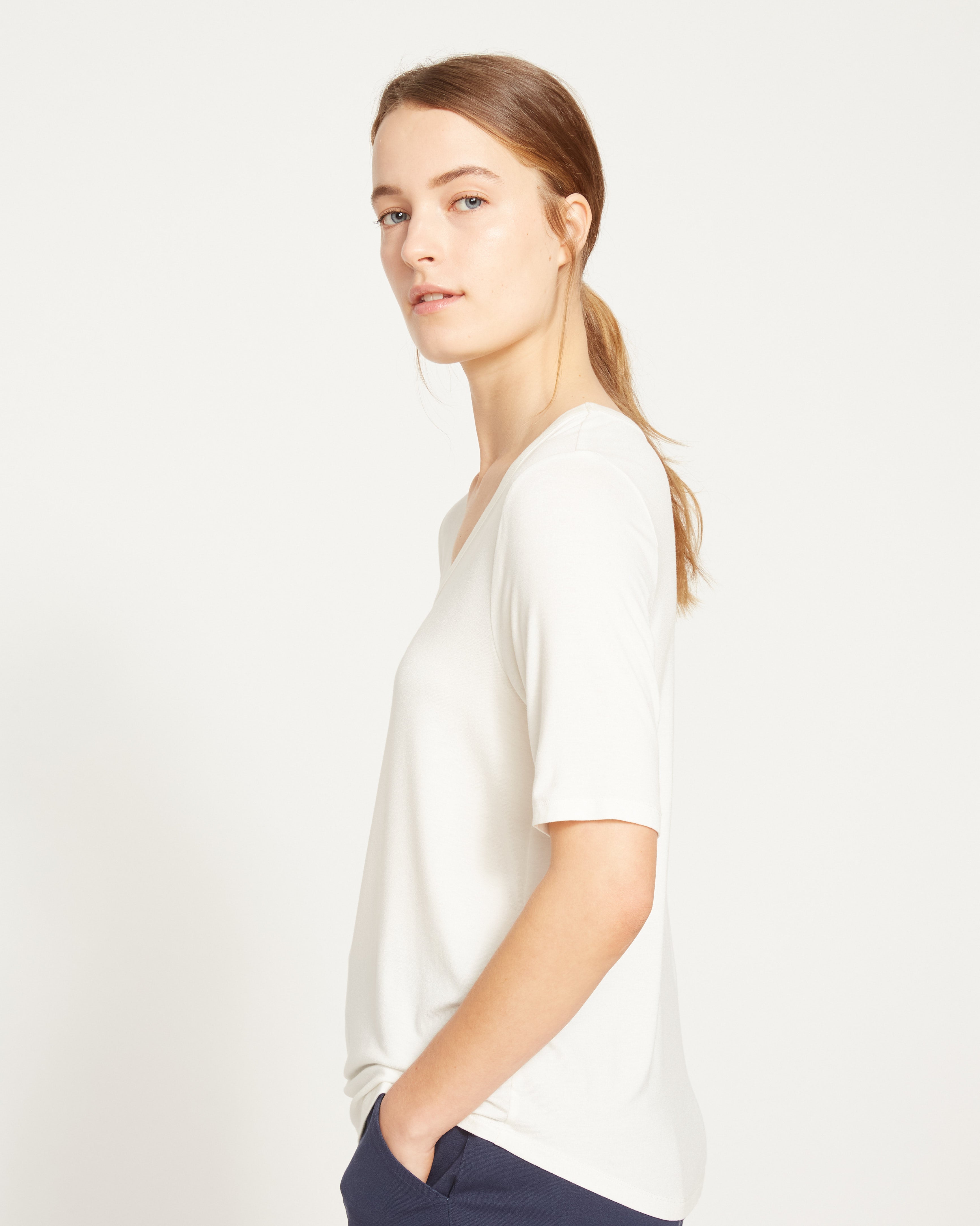 Lily Liquid Jersey V-Neck Stovepipe Tee - White – Universal Standard