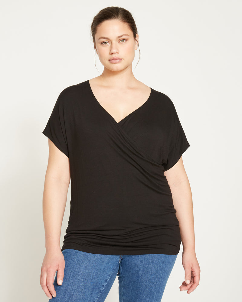 Liquid Jersey Two-Way Short Sleeve Cross Top - Black