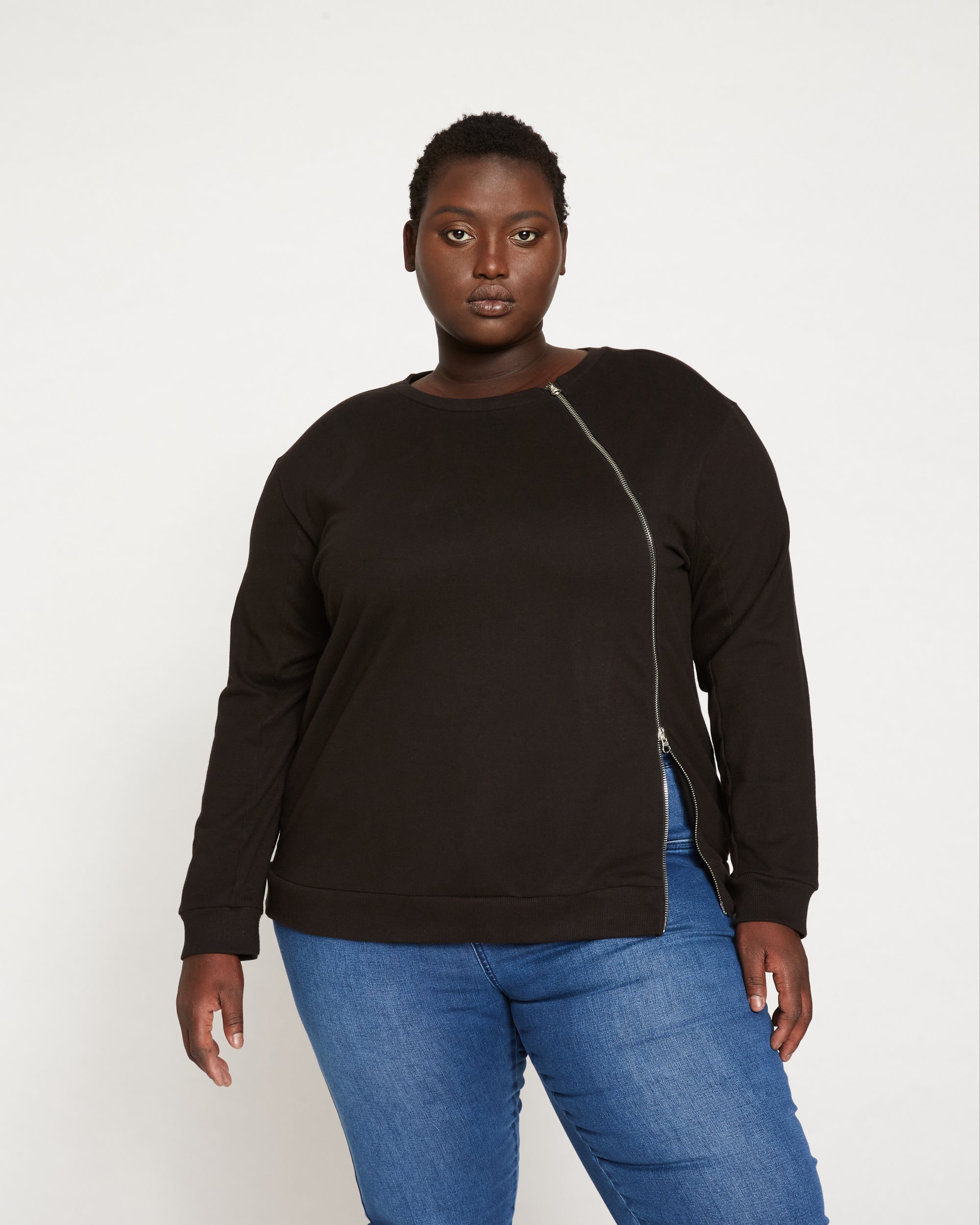 Woman wearing Meridien Zip Sweatshirt - Black from Universal Standard