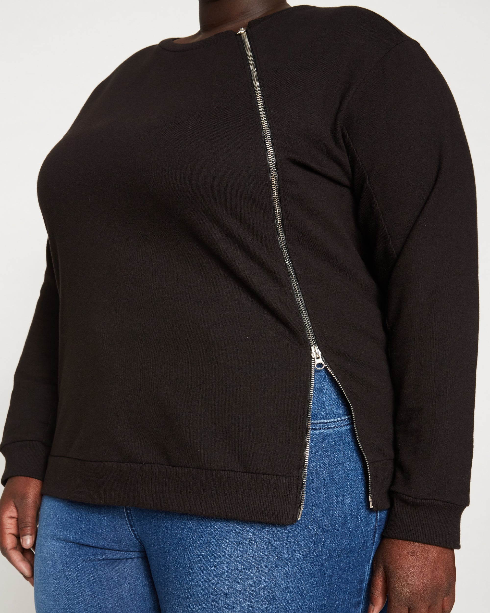 Woman wearing Meridien Zip Sweatshirt - Black from Universal Standard