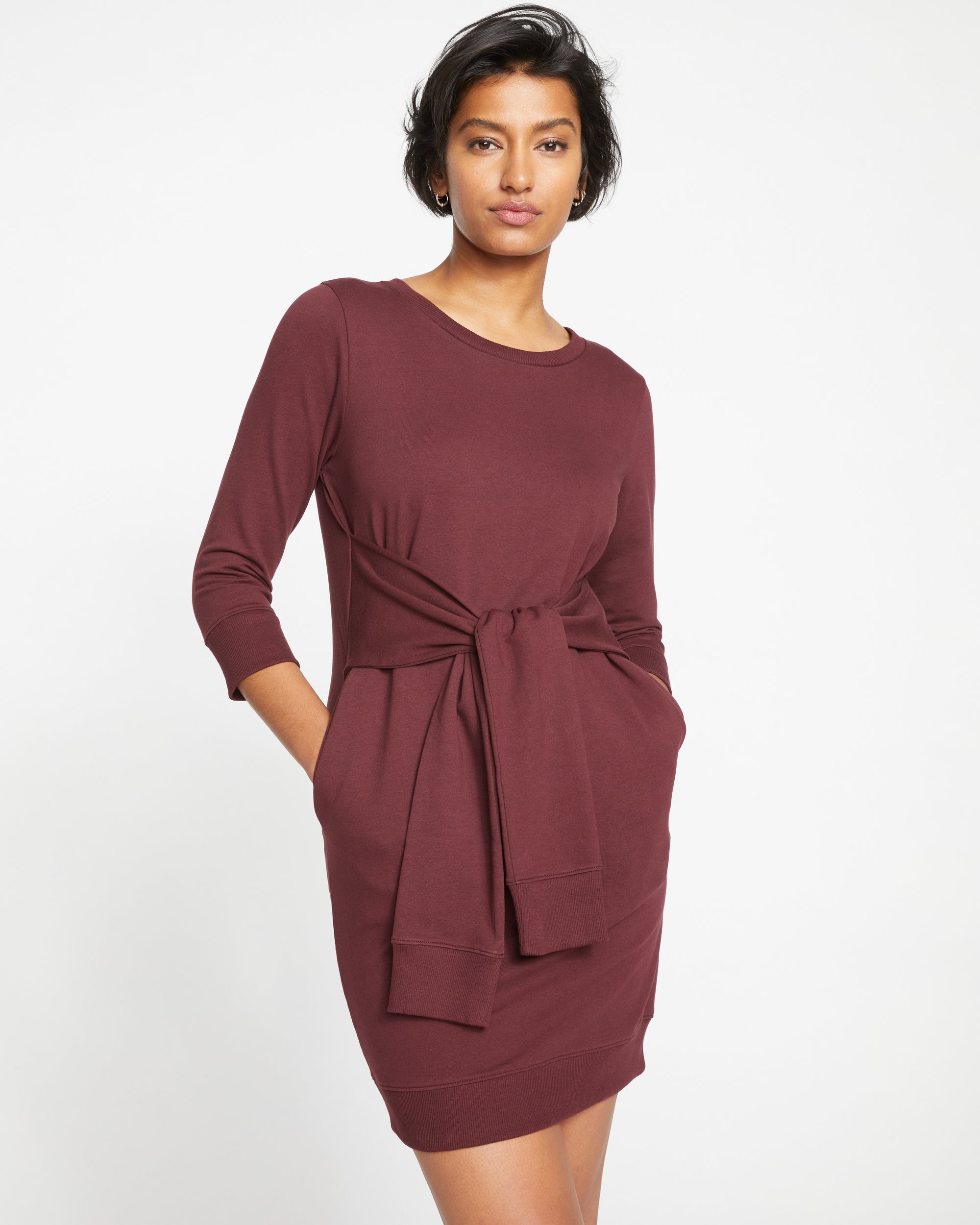 Woman wearing Misa Tie Sweatshirt Dress - Black Cherry from Universal Standard