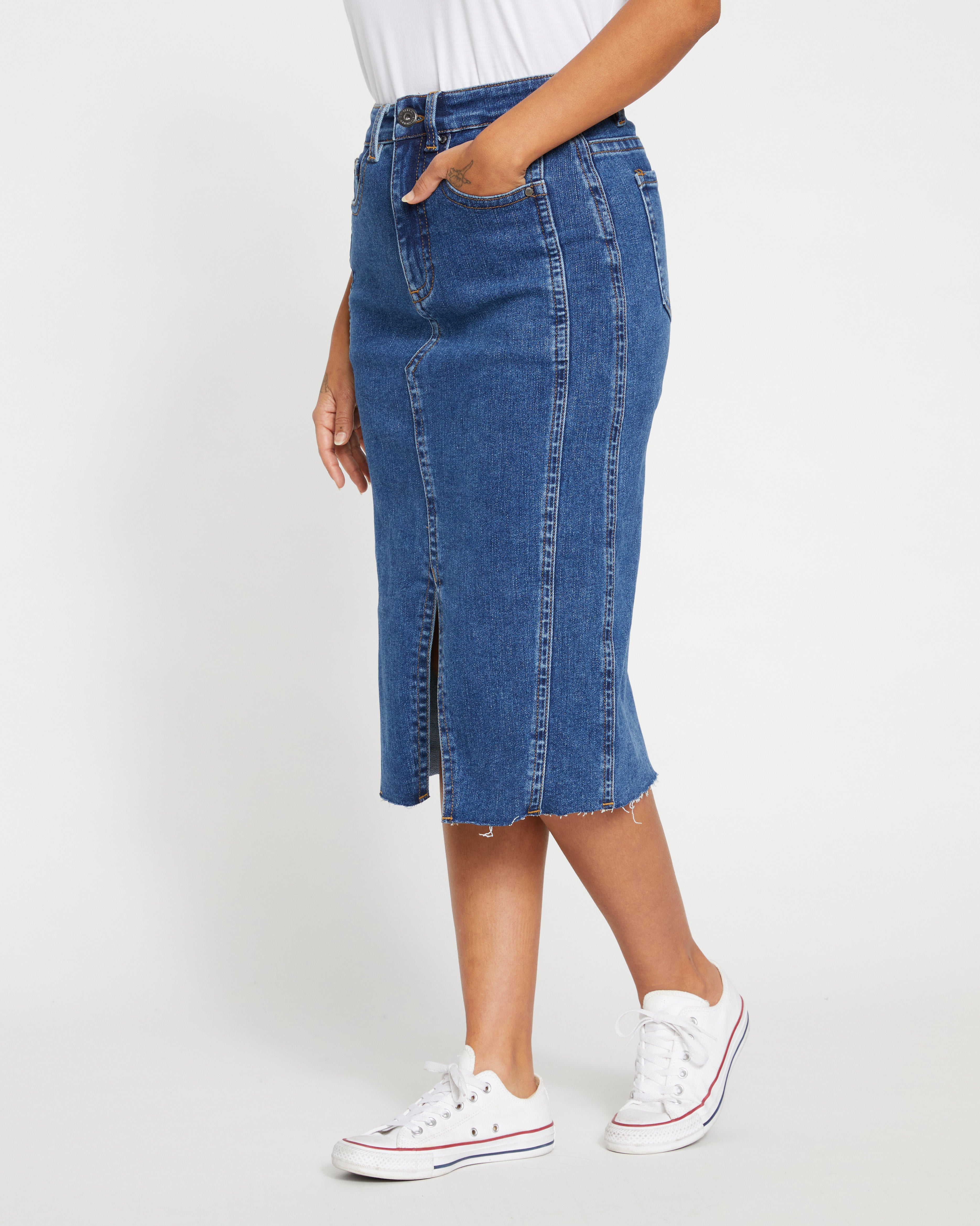 【BAON】Konare washing denim midi skirt Unique Bargains Fishtail Denim Skirt for Women's Washed Midi