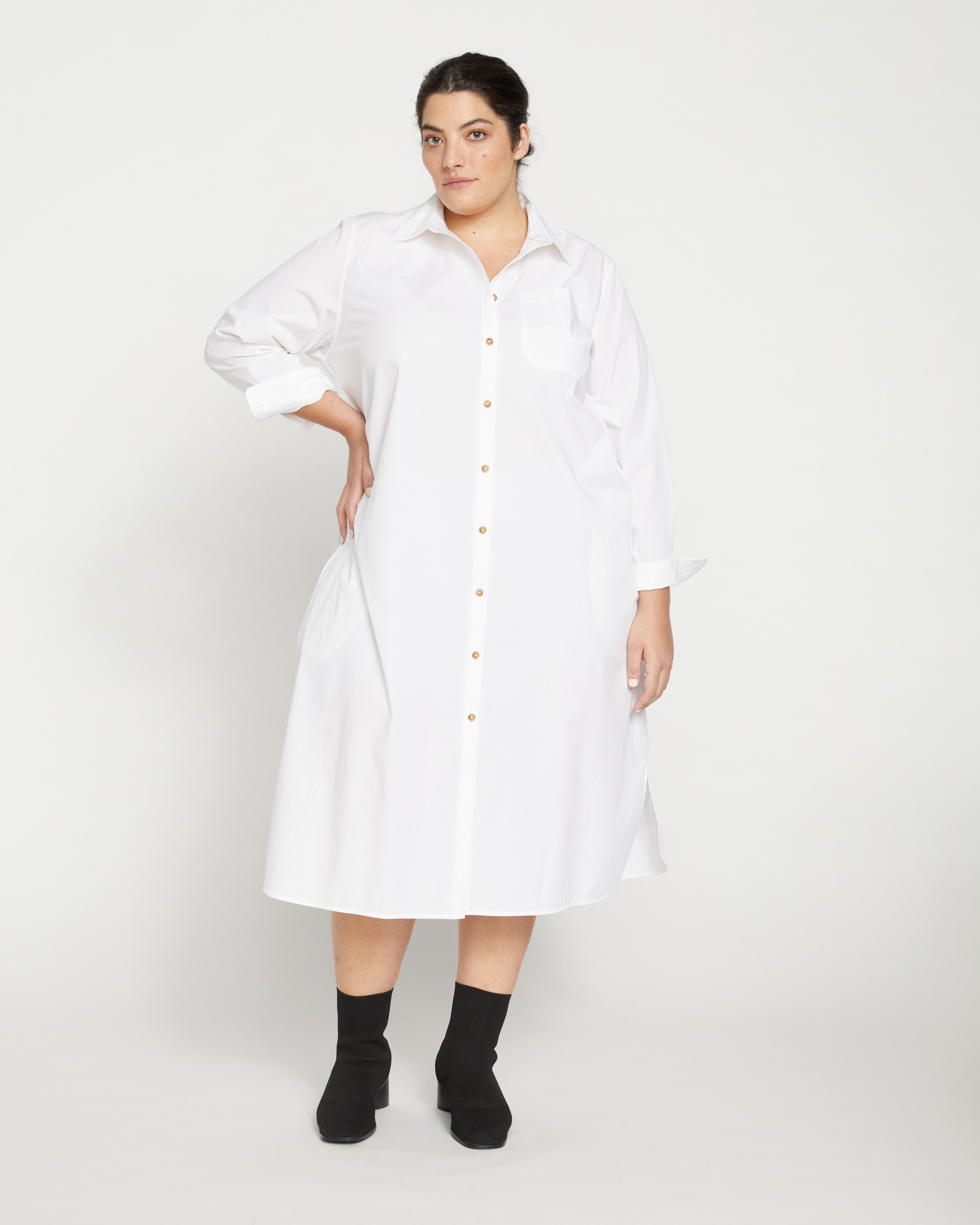 リアル - Shirtdress Poplin Stretch Odeon White Standard Universal – ワンピース