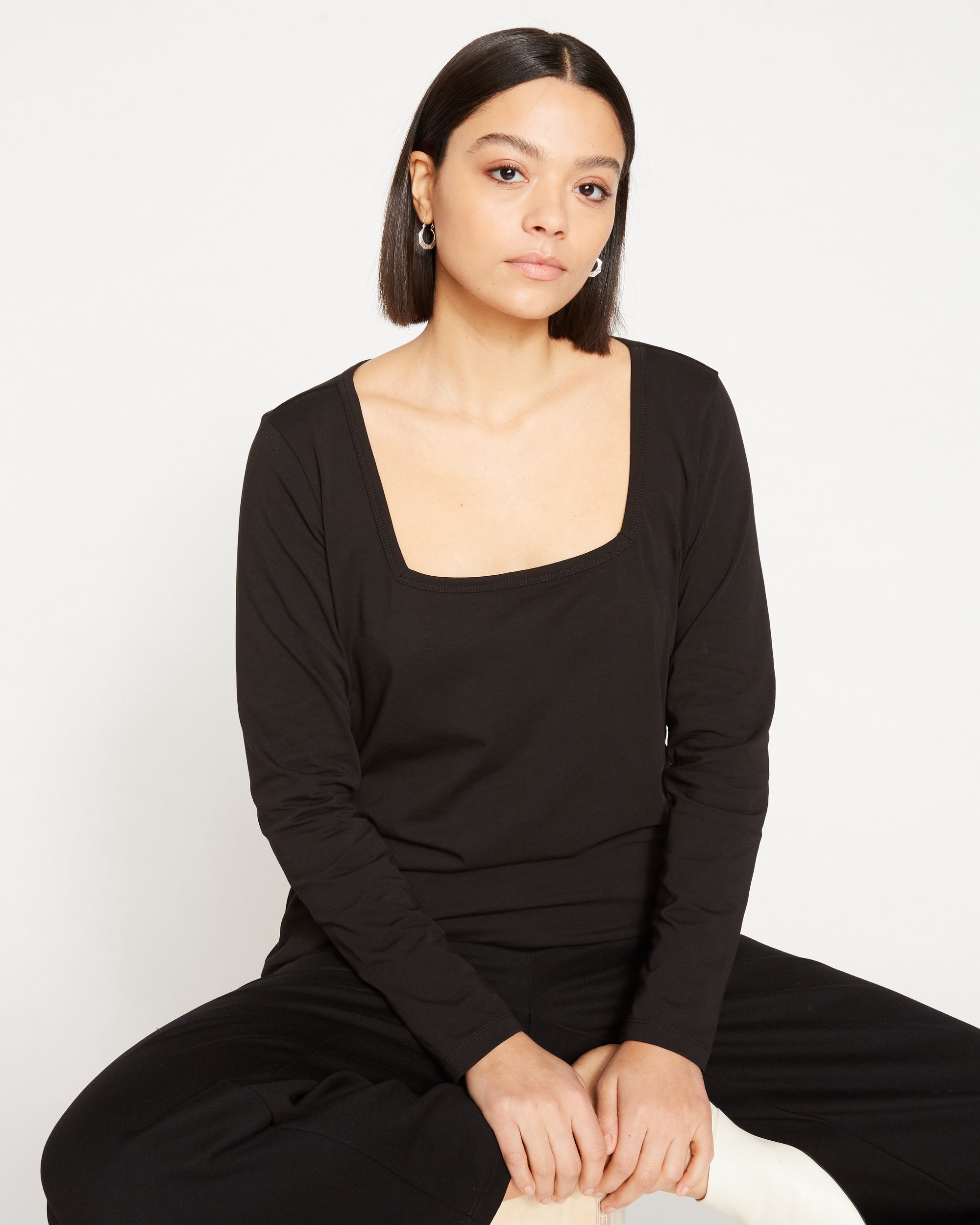 Long Sleeve Square Neck Tee - Black