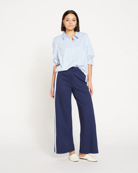 Palazzo Pants Outfits With Blue And White Striped Pants Outfit