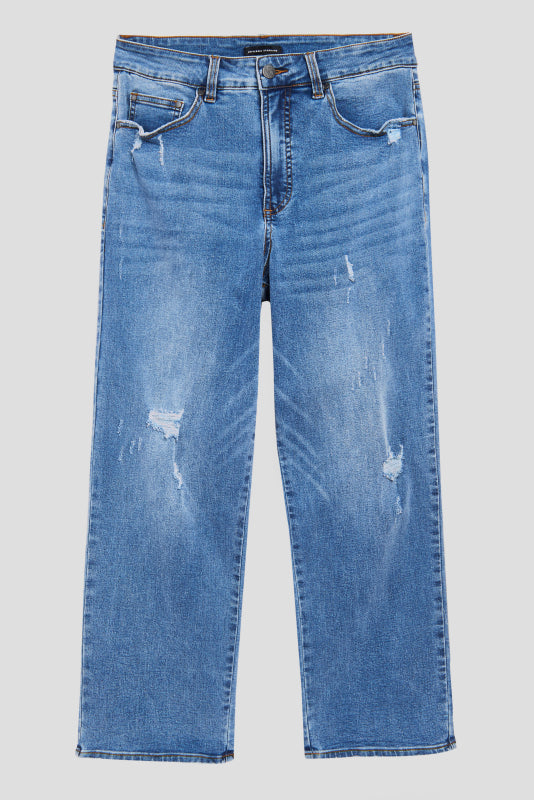 Donna High Rise Curve Straight Leg Jeans 32 Inch - Distressed Indigo