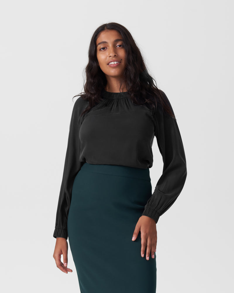 Patricia Long Sleeve Gathered Neck Blouse - Black