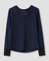 Rhine V Neck Color Block Cuff Top - Evening Blue/Black