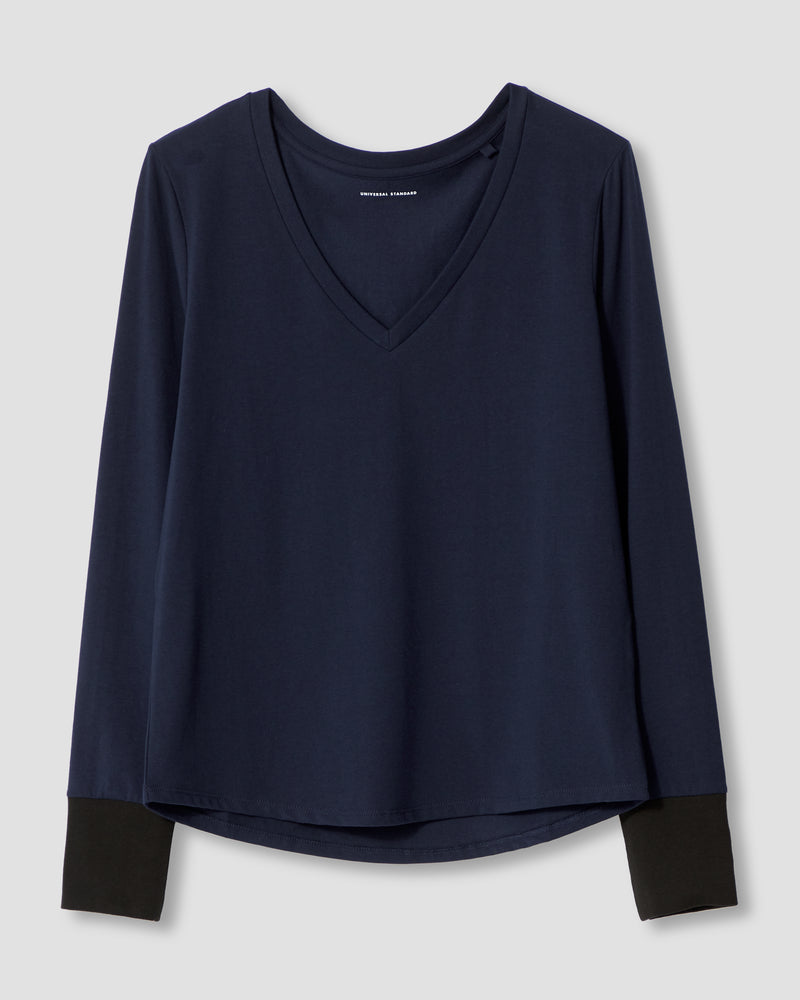 Rhine V Neck Color Block Cuff Top - Evening Blue/Black