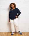 Rhine V Neck Color Block Cuff Top - Evening Blue/Black