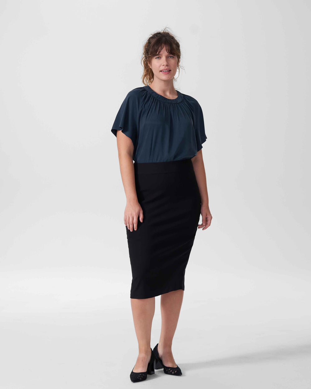Alex Short Sleeve Shirred Top - Navy