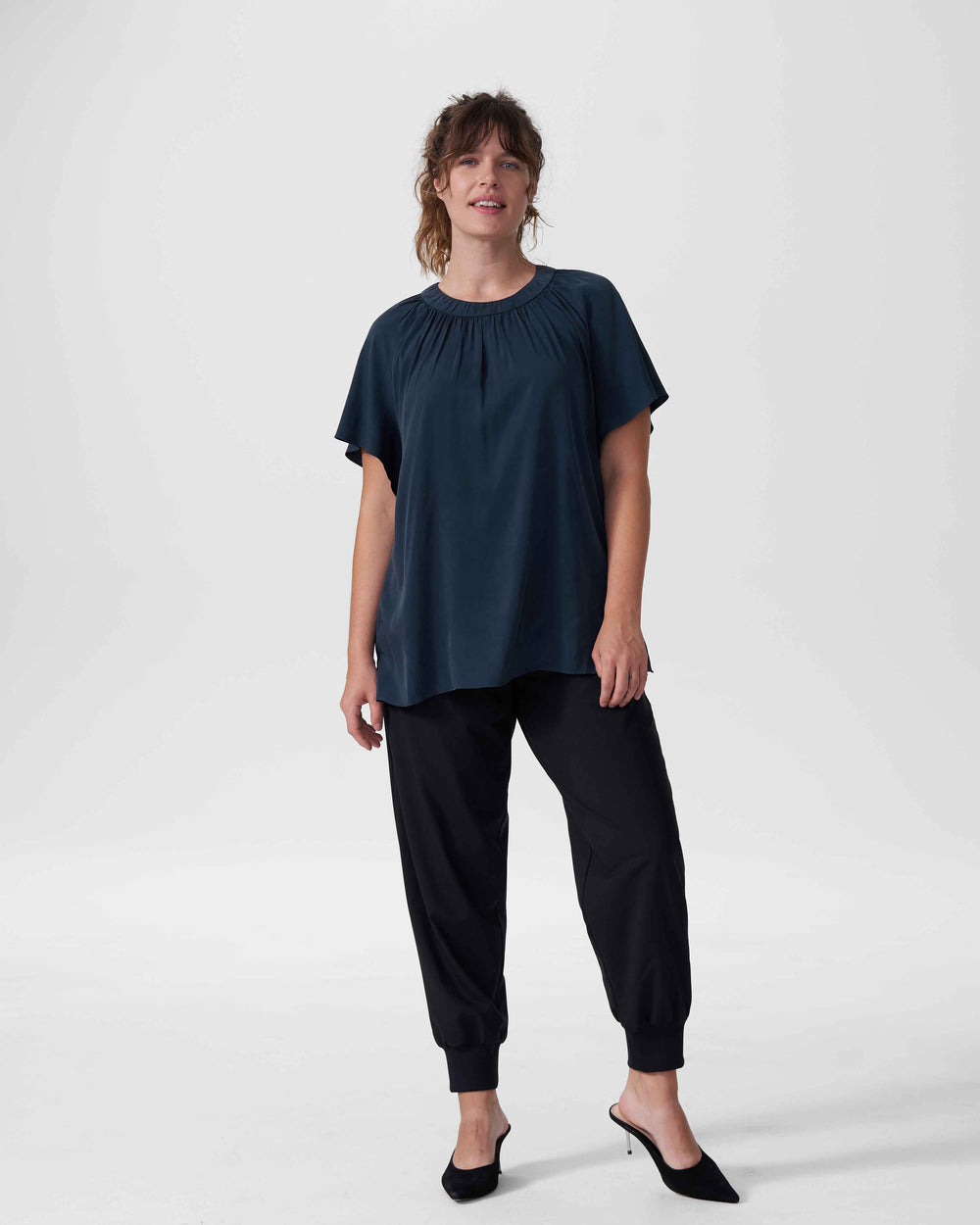 Alex Short Sleeve Shirred Top - Navy
