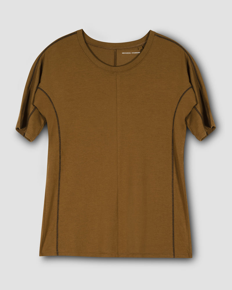 Venencia Short Sleeve Contrast Stitch Top - Caramel