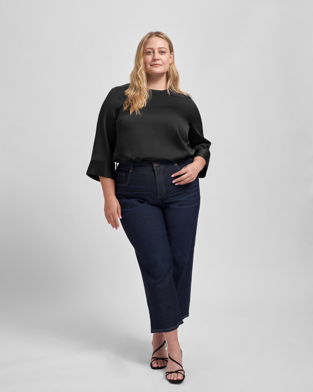Louise Long Sleeve Satin Blouse - Black
