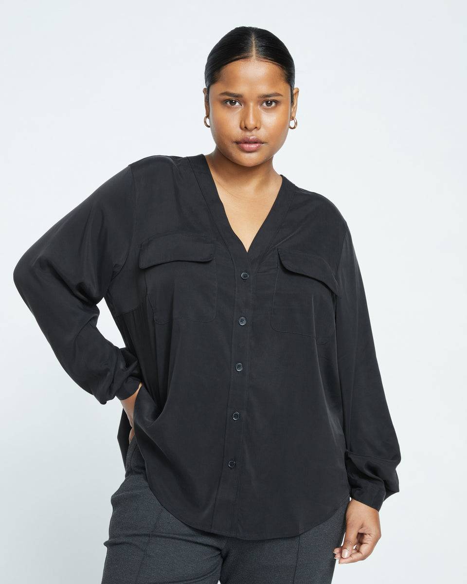Cooling Stretch Cupro Button-Down Blouse - Black Zoom image 2
