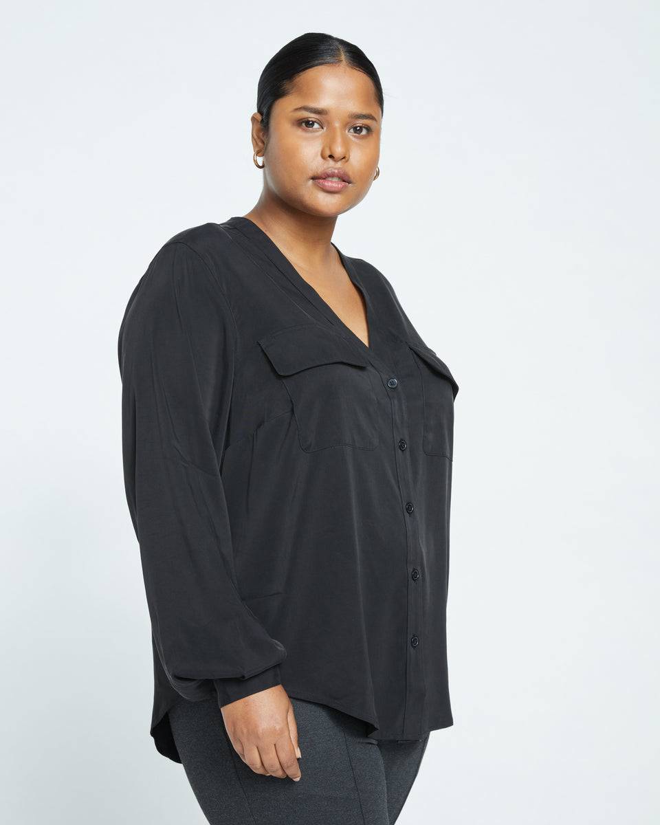 Cooling Stretch Cupro Button-Down Blouse - Black Zoom image 3