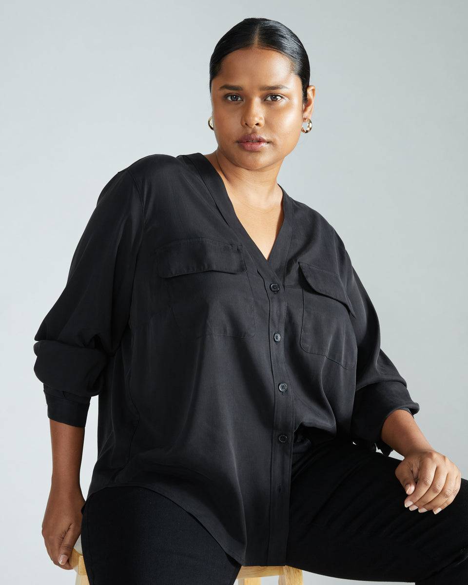 Cooling Stretch Cupro Button-Down Blouse - Black Zoom image 0