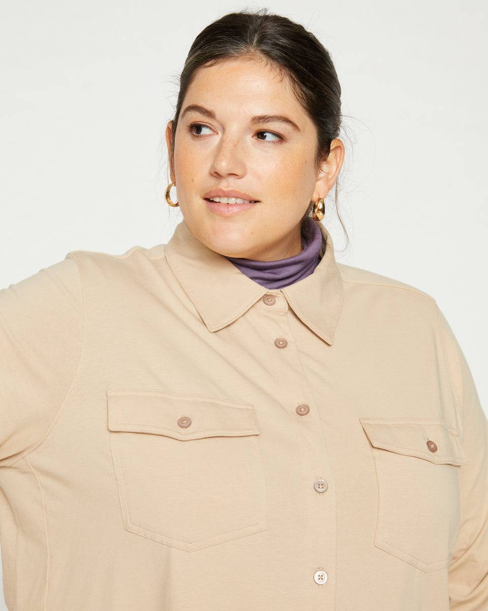 Ava Cotton Jersey Button-Down Shirt - Barley Zoom image 1