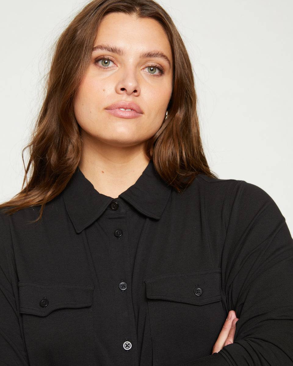 Ava Cotton Jersey Button-Down Shirt - Black Zoom image 0