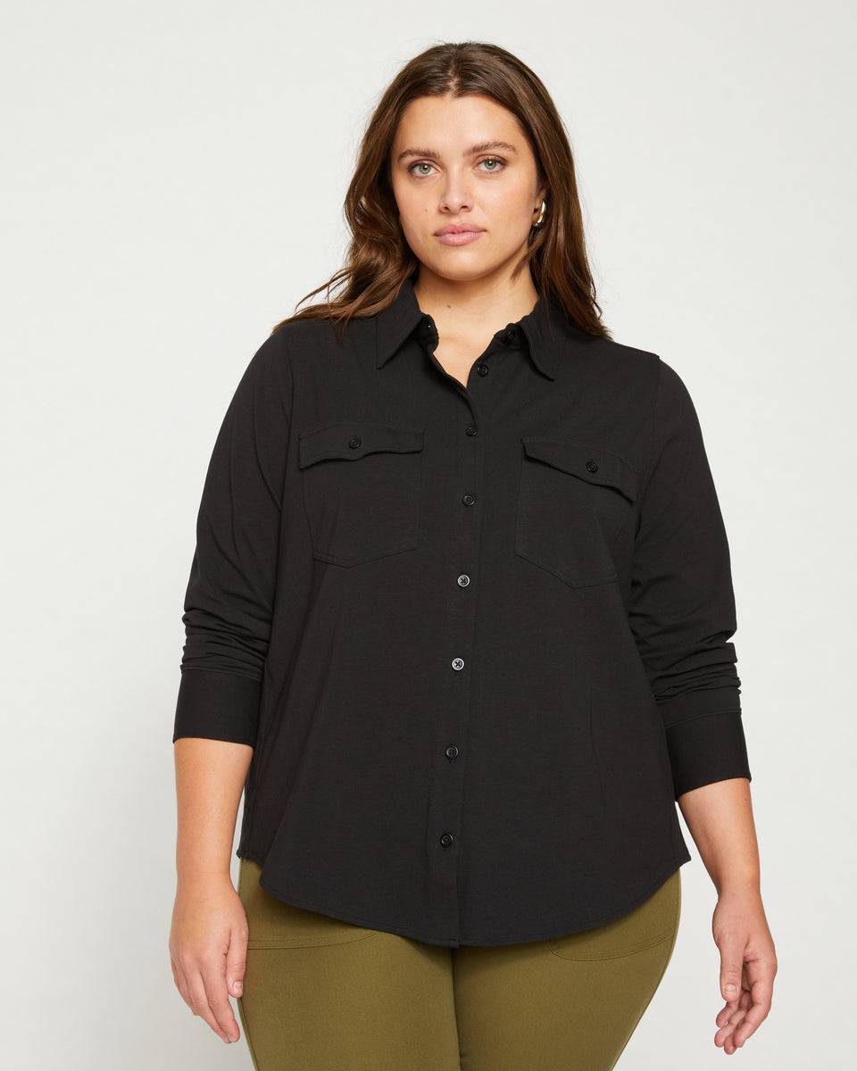 Ava Cotton Jersey Button-Down Shirt - Black Zoom image 1